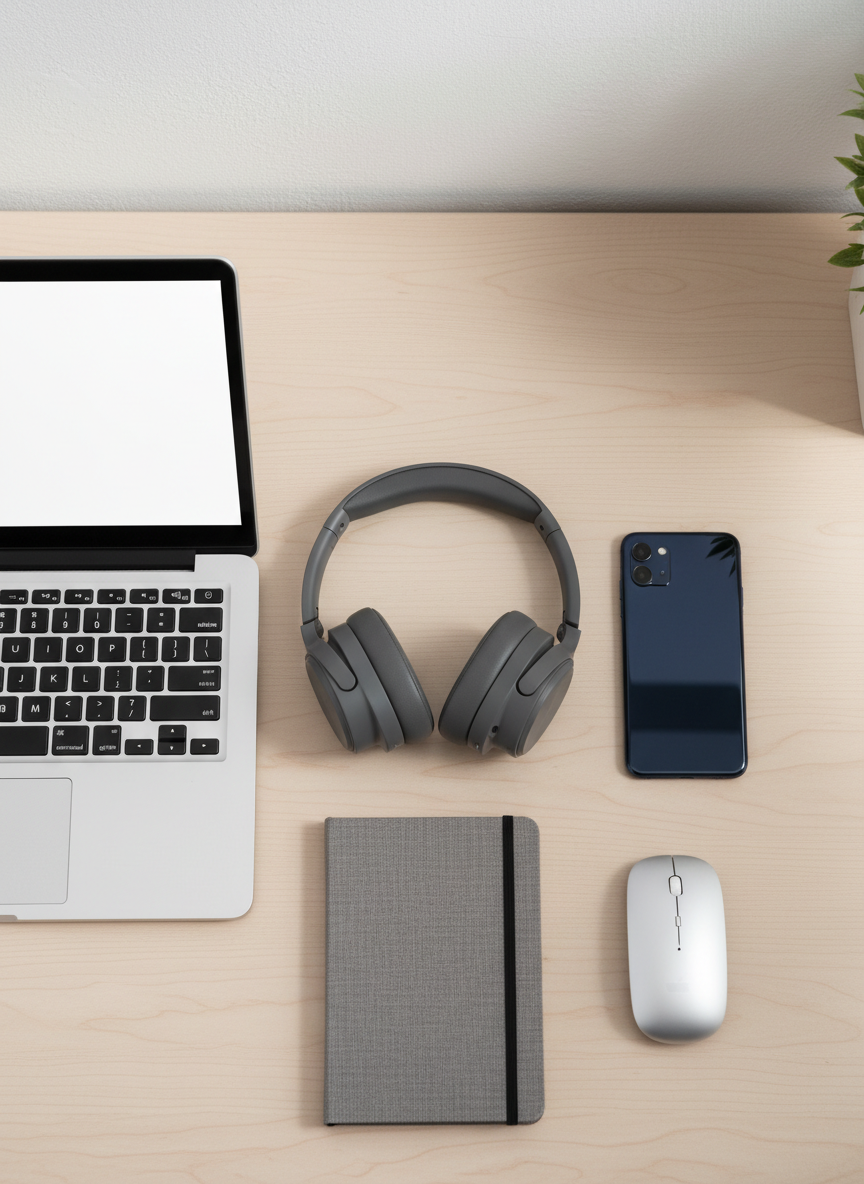 A clean, modern flat lay showing three top-rated tech gadgets arranged side-by-side: a slim silver laptop with a brushed aluminum finish, a graphite wireless noise-canceling headphone, and a sleek midnight-blue smartphone with a glossy glass back. They rest on a light oak desk beside a neutral gray notebook and a minimalist wireless mouse. Soft studio lighting from the left creates crisp, professional highlights on metallic edges and soft shadows to the right. The background is slightly out of focus, emphasizing the products while keeping the scene uncluttered. Shot from a perfectly overhead, bird’s-eye perspective with photographic realism, conveying a professional, trustworthy buying guide atmosphere optimized for product comparisons.