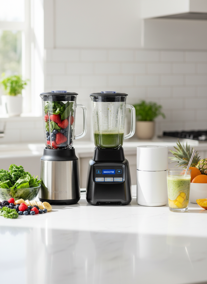 A bright kitchen countertop setup showing three high-end blenders arranged in a clear comparison row. One features a brushed steel base and tall glass jar, another has a matte-black body with digital controls, and the third is compact with a white, minimalist design. Fresh fruit, leafy greens, and a glass of finished smoothie sit nearby to show real use context. Natural daylight streams through an unseen window, creating soft reflections on the glass jars and subtle shadows on the quartz countertop. Photographed from a slightly elevated angle with balanced focus, the image feels practical, clean, and professional, ideal for illustrating a best-buy kitchen appliance guide in realistic photographic style.