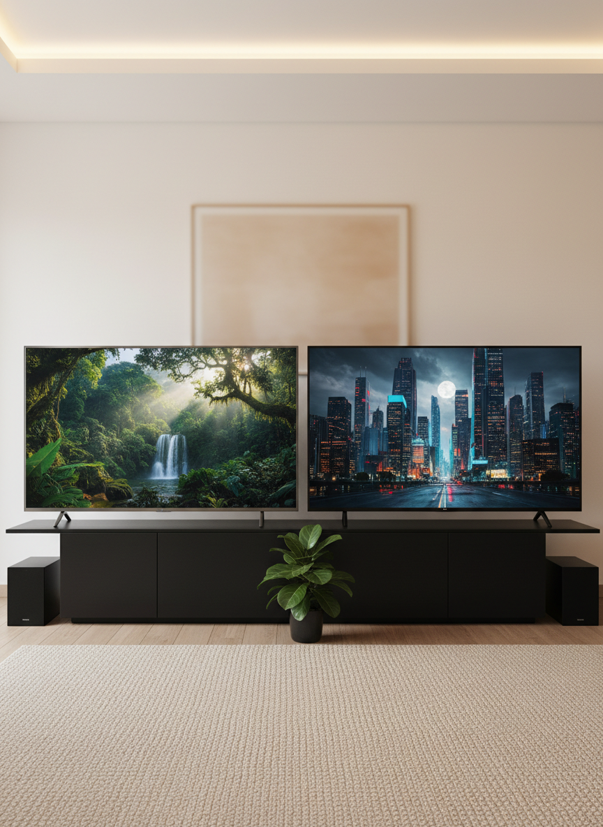 Two 4K televisions on a low, matte-black media console, shown in a side-by-side comparison. The left TV has a thin silver bezel and displays a vivid nature scene, while the right TV features an almost bezel-less black frame showing a bright cityscape at night. A tidy living room backdrop with a neutral rug, low-profile speakers, and a small plant suggests real-world use. Soft, diffused ambient lighting from hidden ceiling fixtures avoids glare on the screens while casting gentle shadows behind the console. Captured at eye level with a slightly wide angle and sharp focus throughout, in clean, photographic realism, emphasizing clear visual differences for a professional product comparison article.