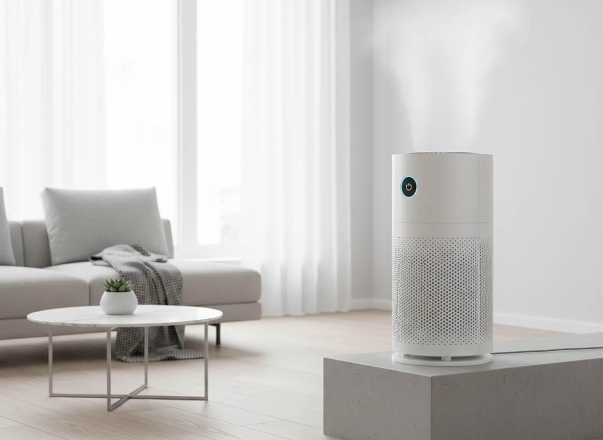 Modern white tower air purifier in a bright minimal living room.