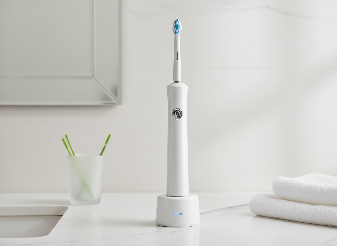 Modern electric toothbrush with charging stand on a bright bathroom counter.