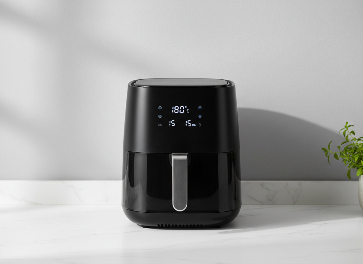Modern black air fryer on a bright white kitchen countertop.