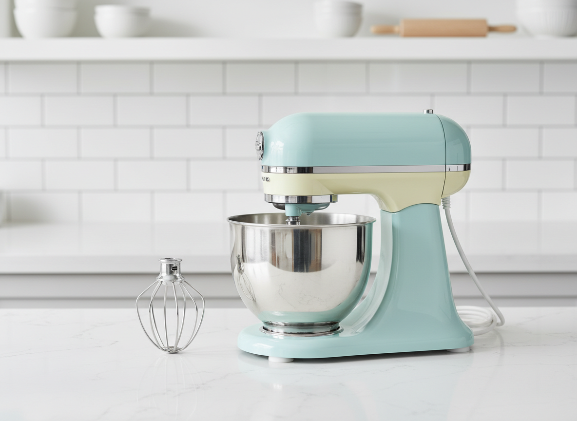 Pastel stand mixer on a bright white kitchen countertop.