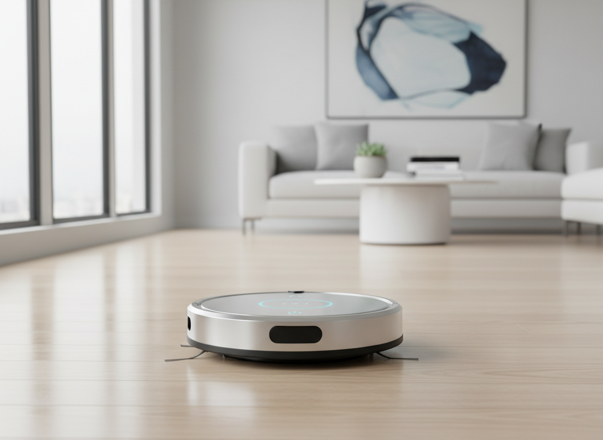Sleek round robot vacuum cleaner on a light wood floor in a bright living room.