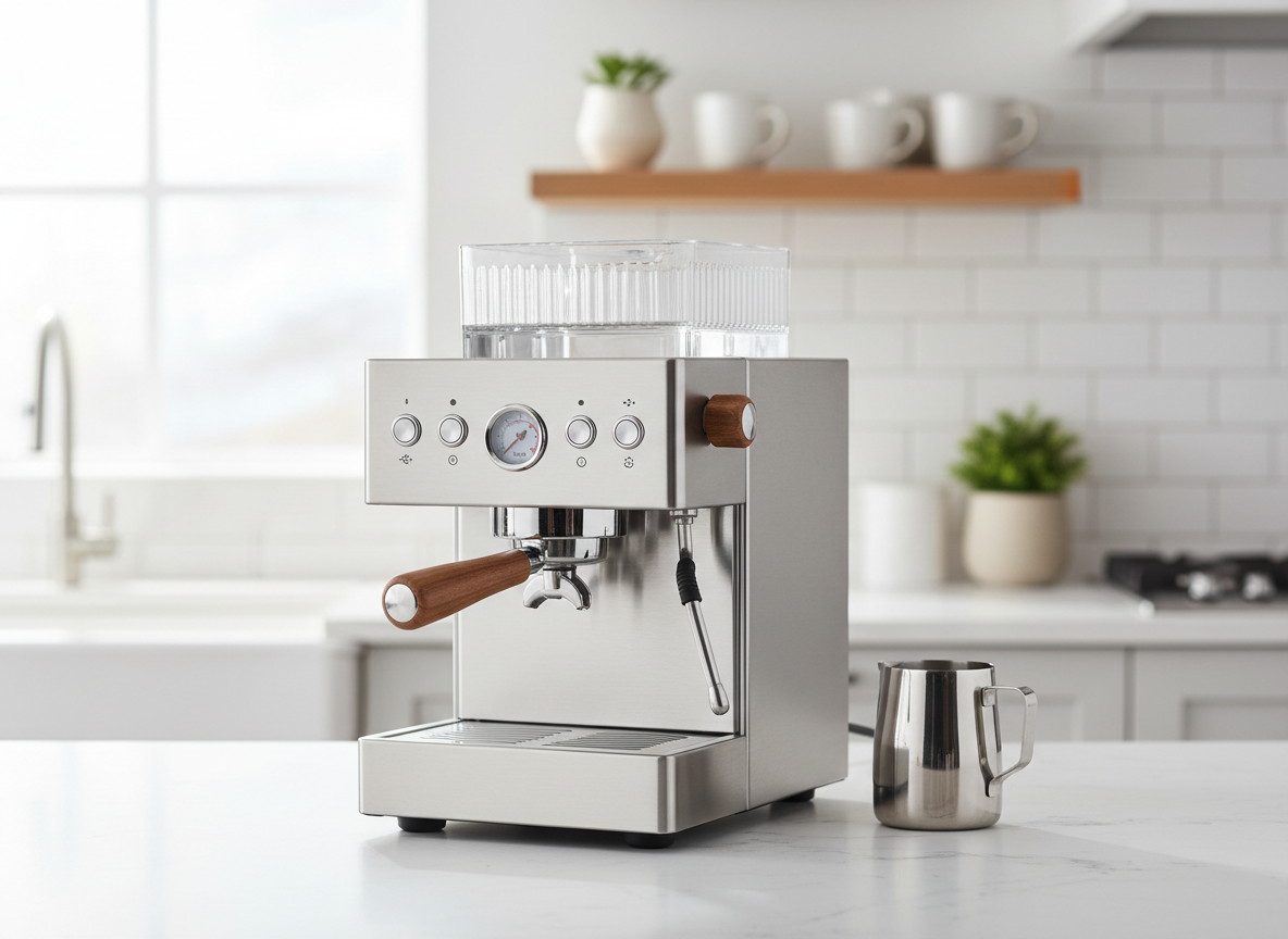 Stainless steel espresso coffee machine on a bright kitchen counter.